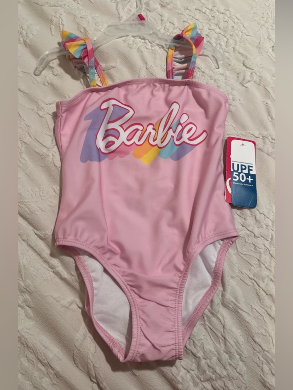 New Girls Barbie Light Pink One-Piece Swimsuit with Rainbow Strap
